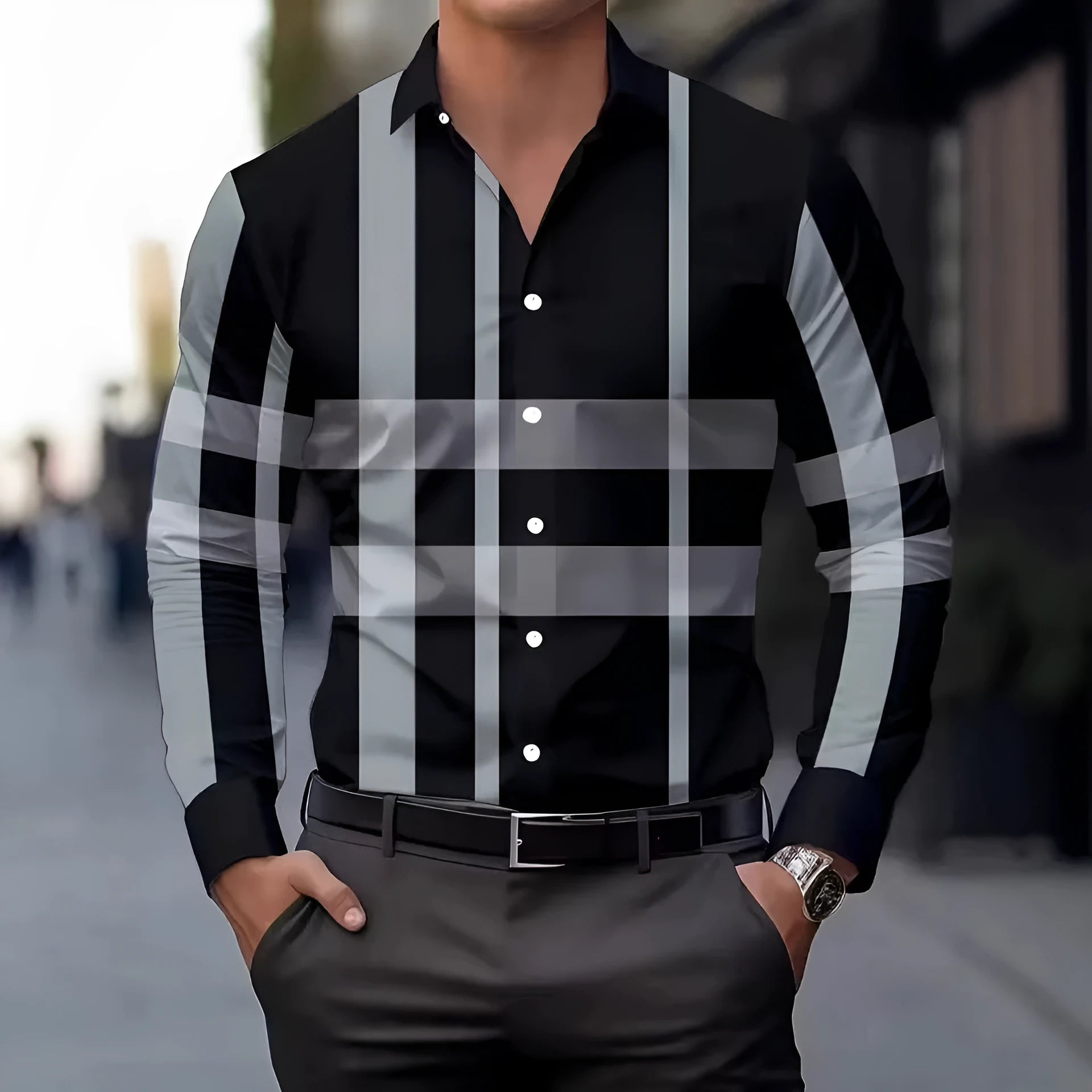 Men's striped long sleeve shirt with button lapel on a hanger
