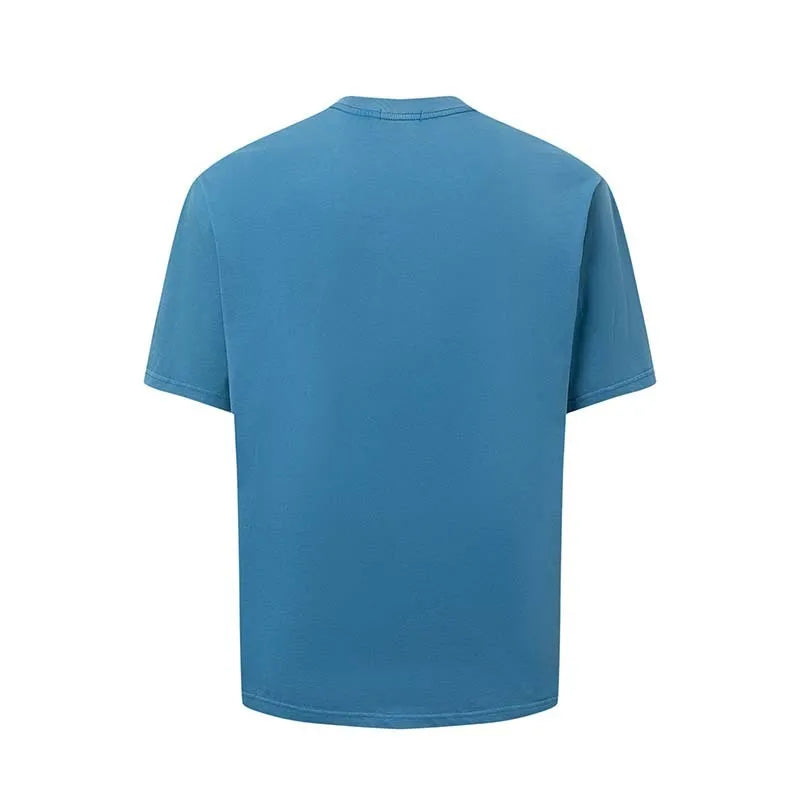 Men's blue American retro letter print loose t-shirt on a hanger.