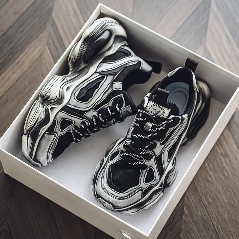 Men's black mesh sneakers with platform sole and lace-up closure
