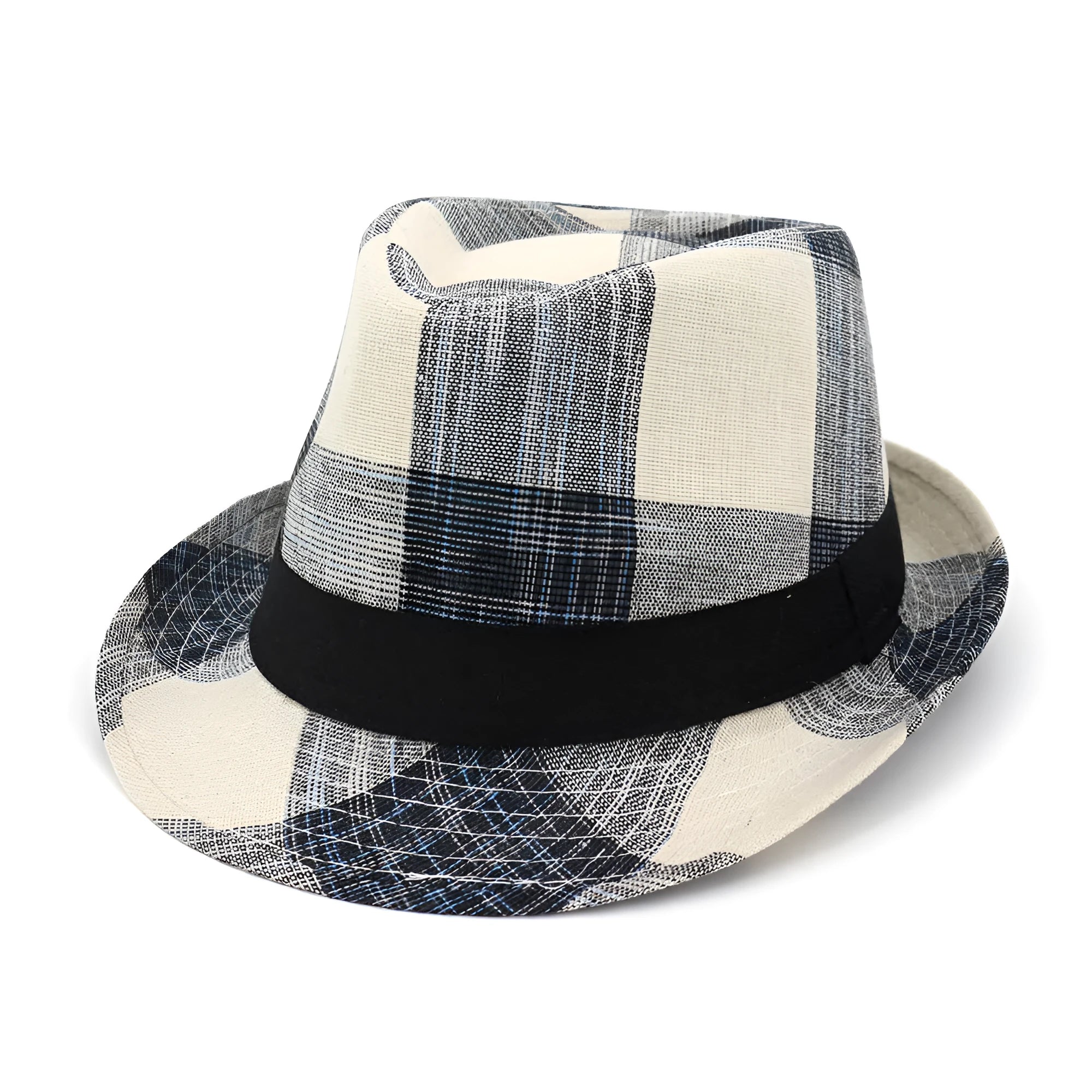 Polyester bell crown straw hat in black or blue with 12cm height and 4.5cm brim for sun protection