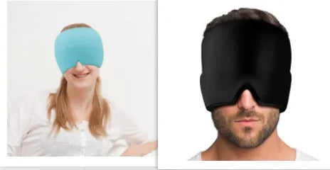 Black elastic cloth gel cooling eye mask for headache relief, shown with adjustable strap.
