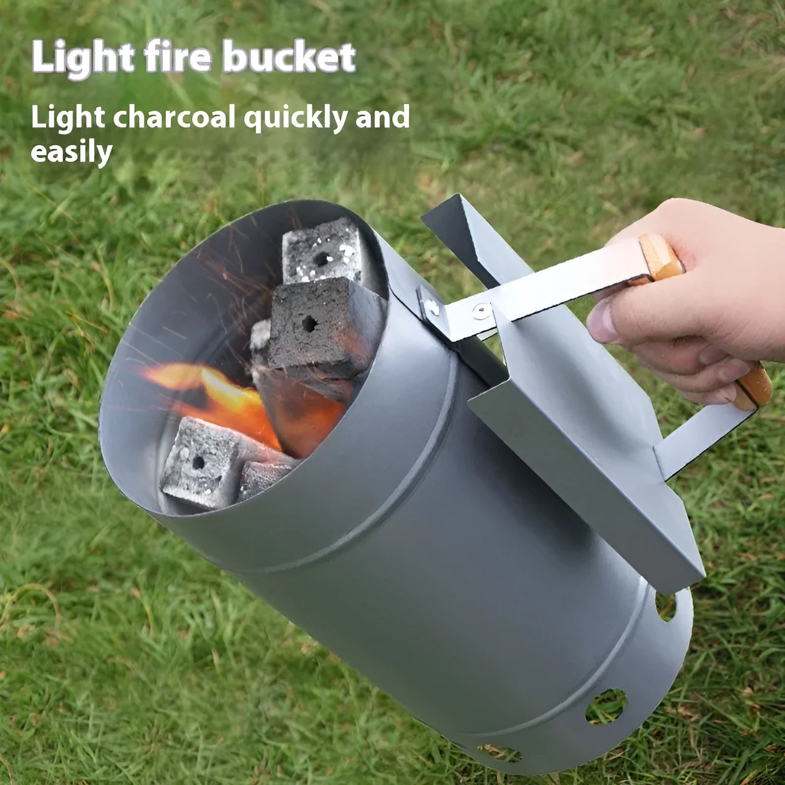Zinc-iron alloy outdoor charcoal fire starter tool in carbon bucket style with oven igniter.