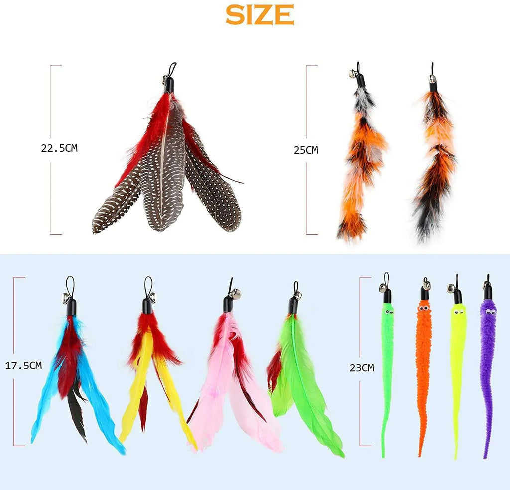 Cat feather fishing rod toy set with two handheld rods and ten interchangeable replacement heads