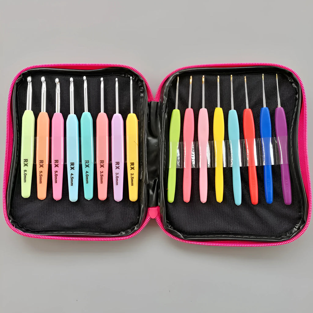 Set of 16 crochet hooks with different sized heads in a PU storage bag