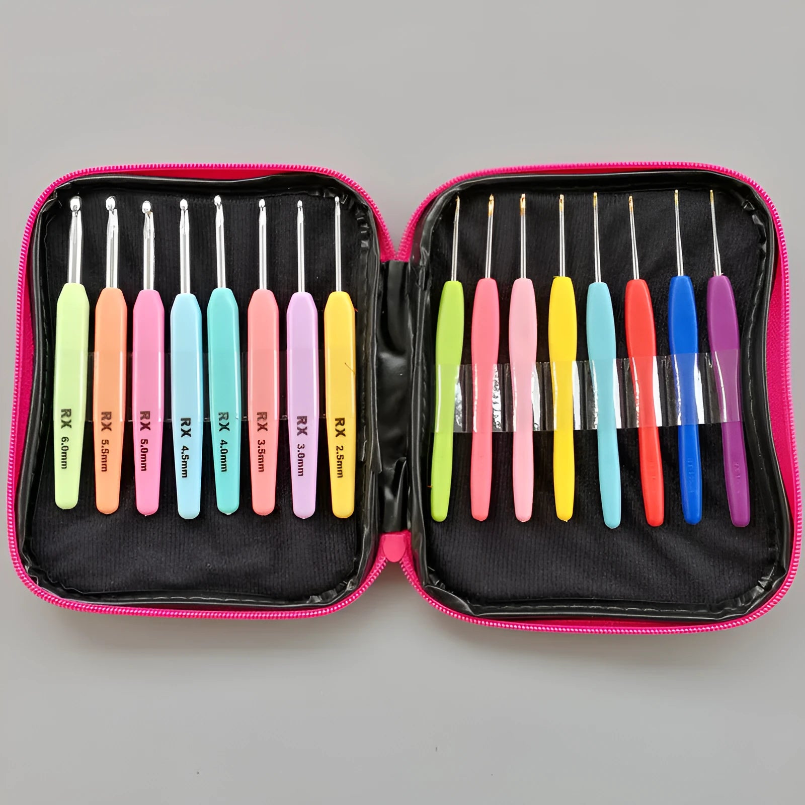 Set of 16 crochet hooks with different sized heads in a PU storage bag