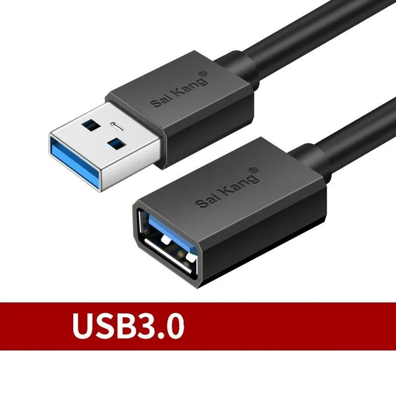 Black USB 3.0 and USB 2.0 extension cable with male to female connectors showing multiple length options