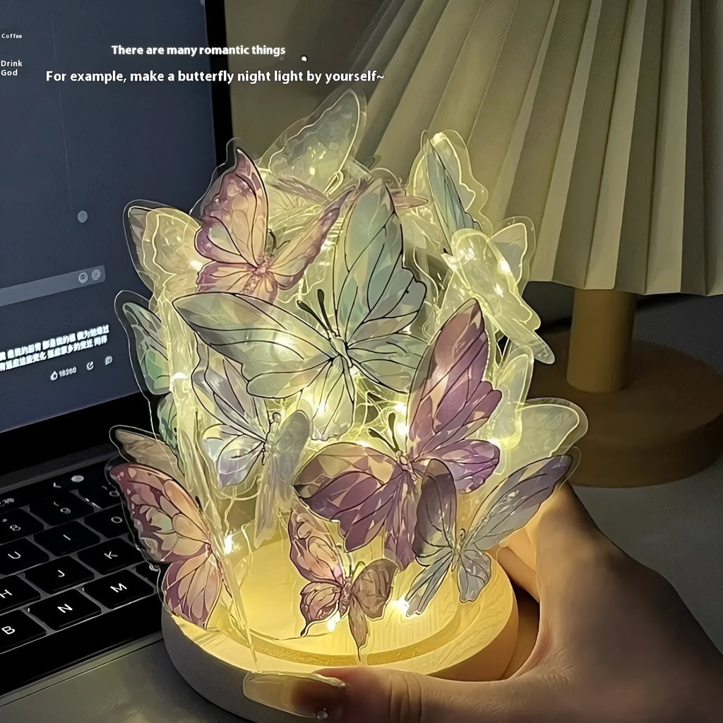 Handmade butterfly small night lamp DIY kit with glass shade and raw wood base for bedroom bedside