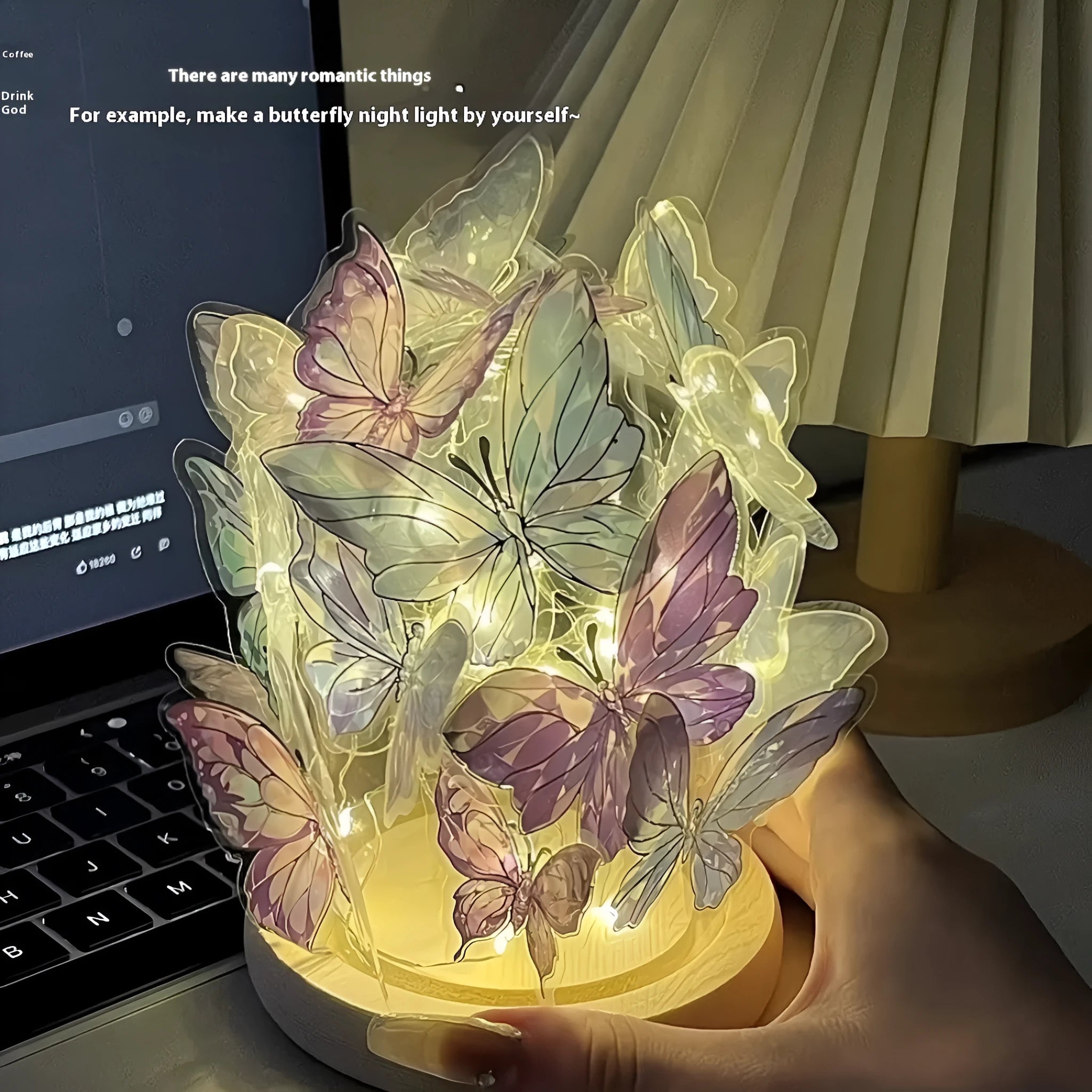 Handmade butterfly small night lamp DIY kit with glass shade and raw wood base for bedroom bedside