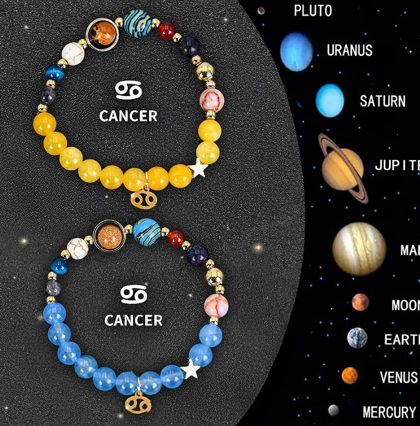 Natural stone beaded zodiac bracelet set showing adjustable elastic cord and twelve astrology sign designs