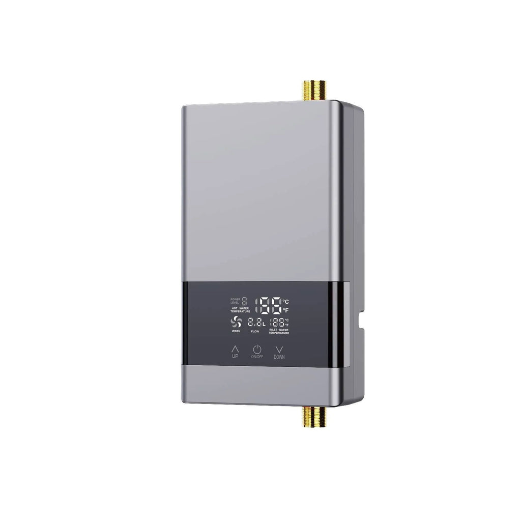 Gold household instantaneous electric water heater with LED touch screen and remote control.