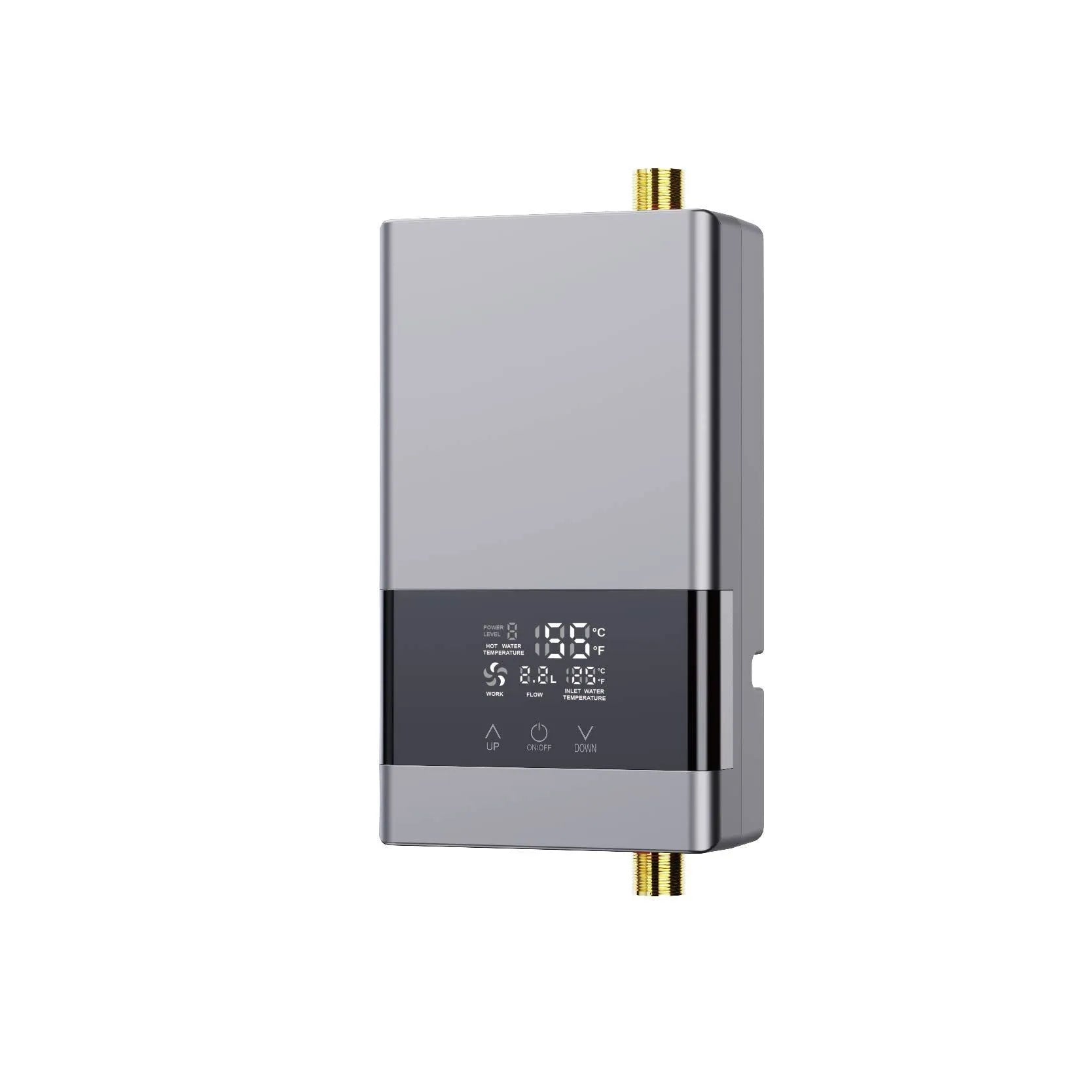 Gold household instantaneous electric water heater with LED touch screen and remote control.