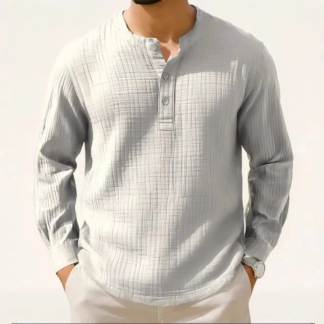 Slim fit long sleeve linen blend shirt in Army Green with three-quarter length sleeves on a hanger.