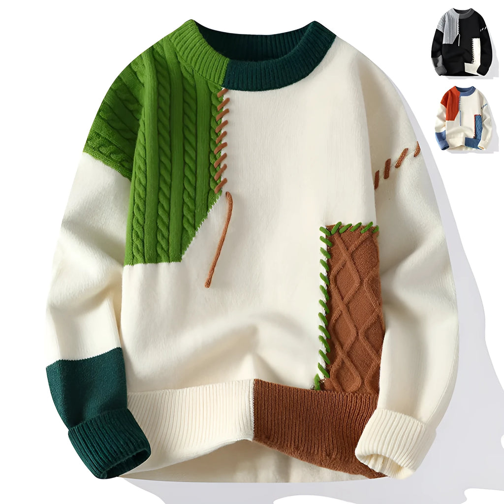 Men's colourblock pullover sweater in green, orange, or grey, long sleeve, straight fit, sizes L to 4XL.