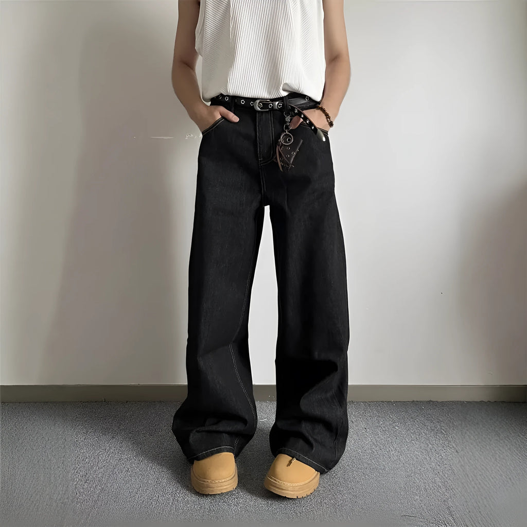Black retro straight-leg jeans with loose wide-leg cut and zip placket