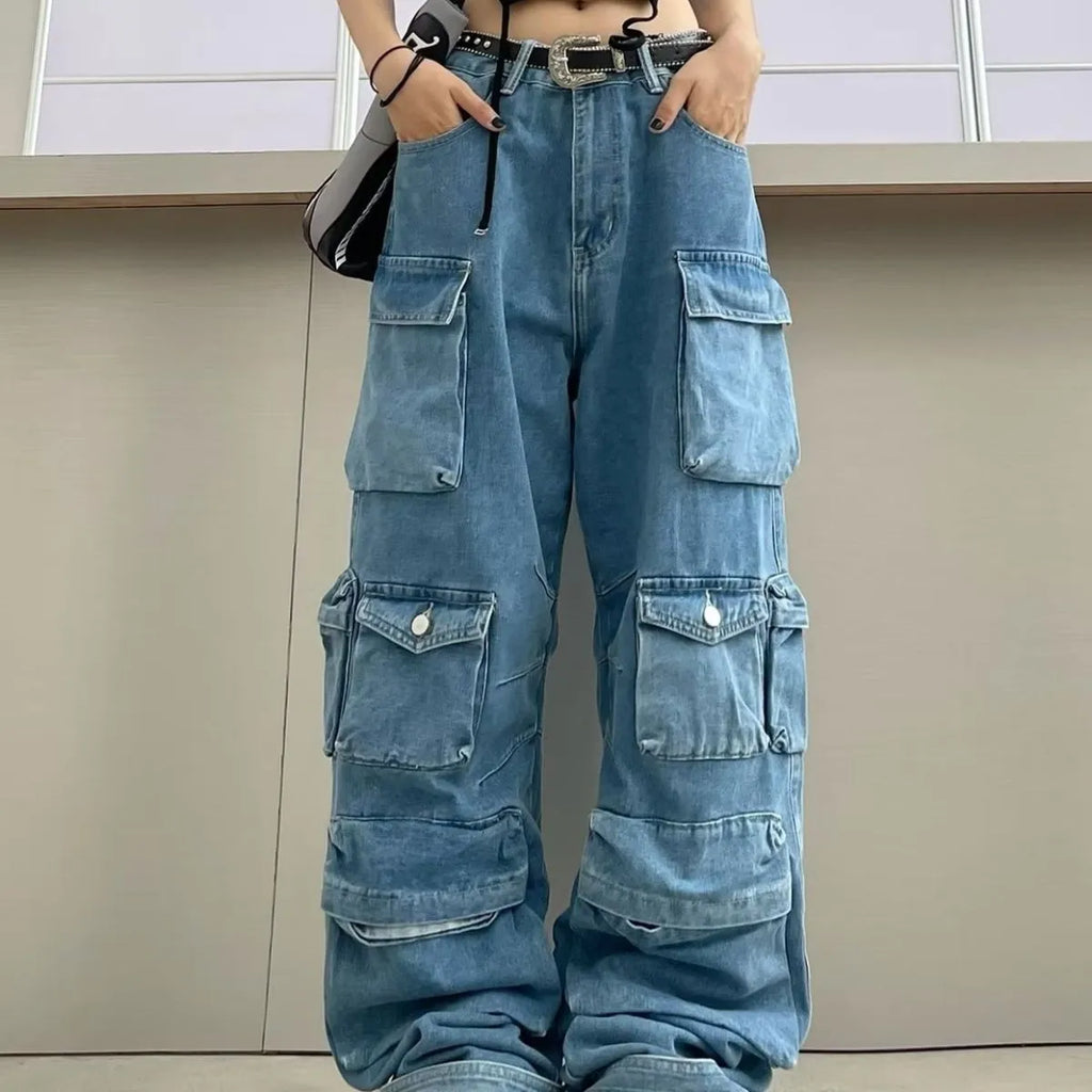 Women's tie-dyed high waist jeans with multiple pockets and wide leg silhouette