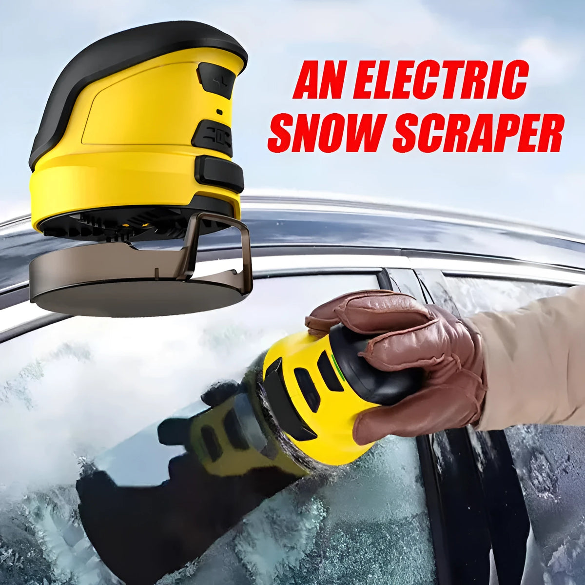 Yellow cordless electric ice scraper with USB charging cable for car window de-icing