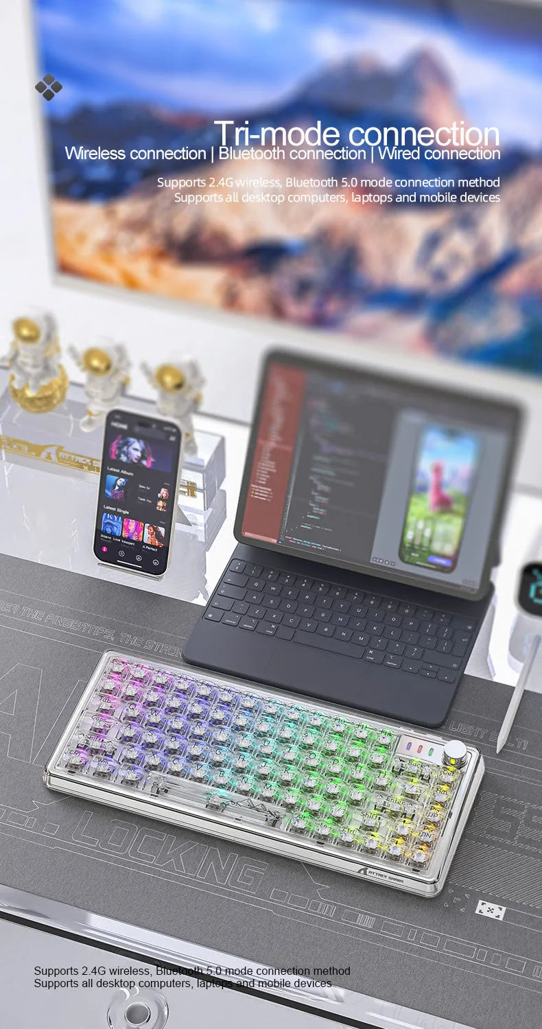 Attack Shark K75 transparent wireless mechanical keyboard with RGB lighting and hot-swappable switches