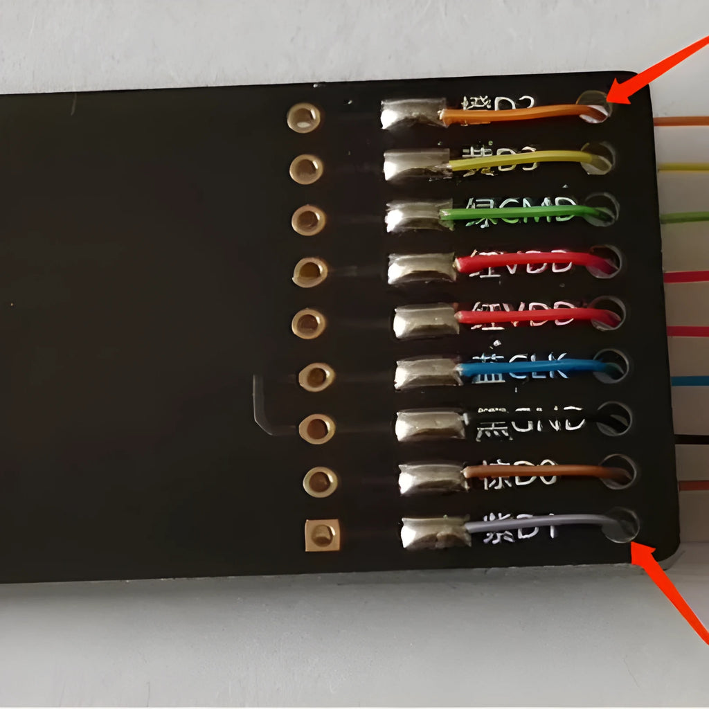 EMMC read and write tool for car audio host maintenance on a workbench.