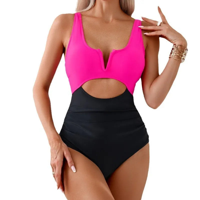 Women's contrast colour block one-piece swimsuit in nylon fabric showing colour options and design