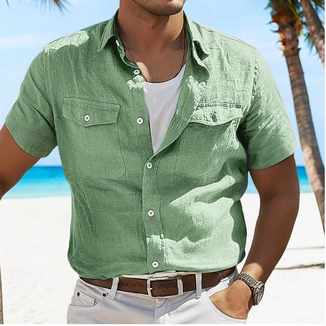 Men's loose-fit cotton summer shirt in grey, featuring a polo collar and long sleeves.