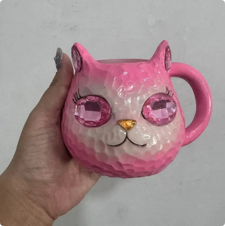 Resin crystal earth cat cup craft ornament in blue, green, pink or purple for promotional gifting.