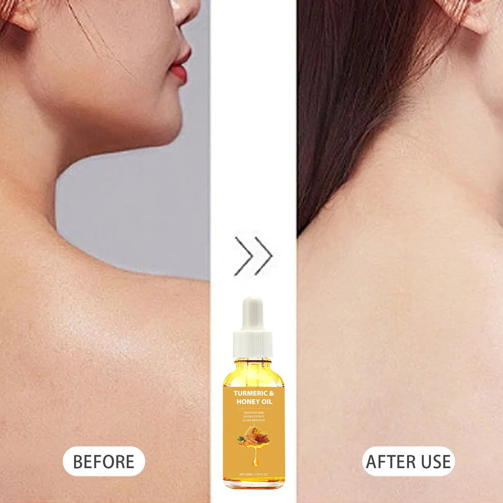 30ml bottle of turmeric honey essential oil with neutral packaging and FP-A028 specification
