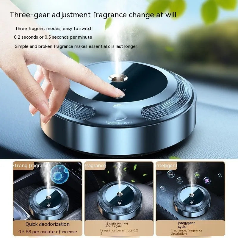 Car fragrance diffuser with zinc alloy shell and automatic spray mechanism measuring 89mm by 35mm