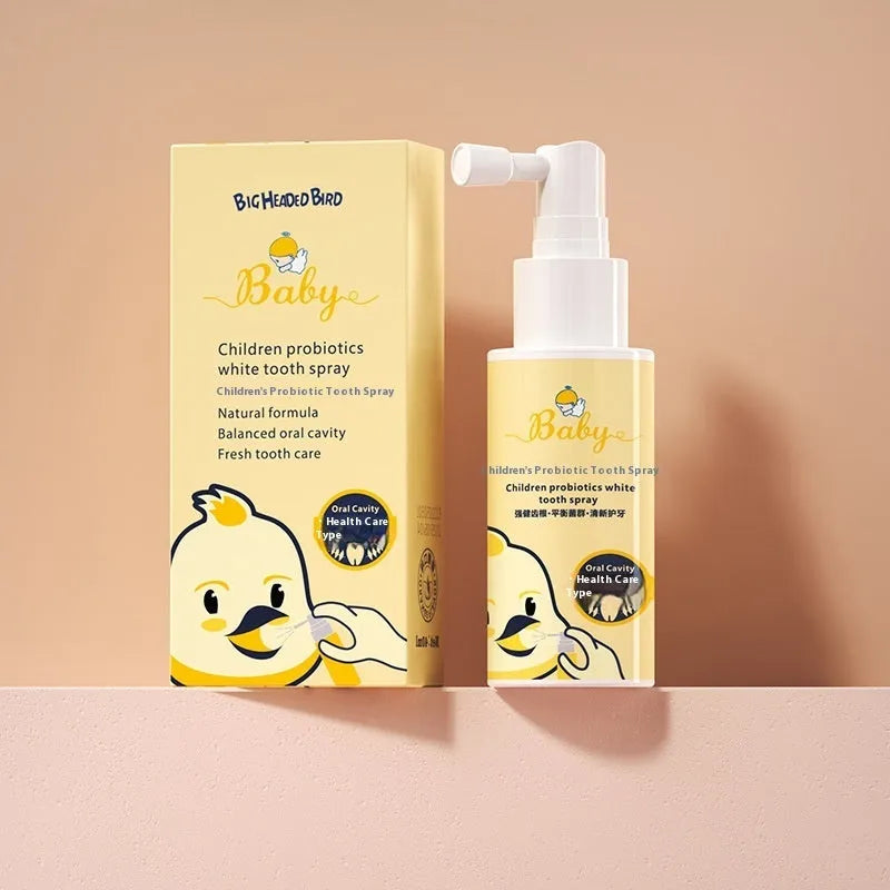 Children's probiotic teeth whitening spray bottle in strawberry and orange flavours