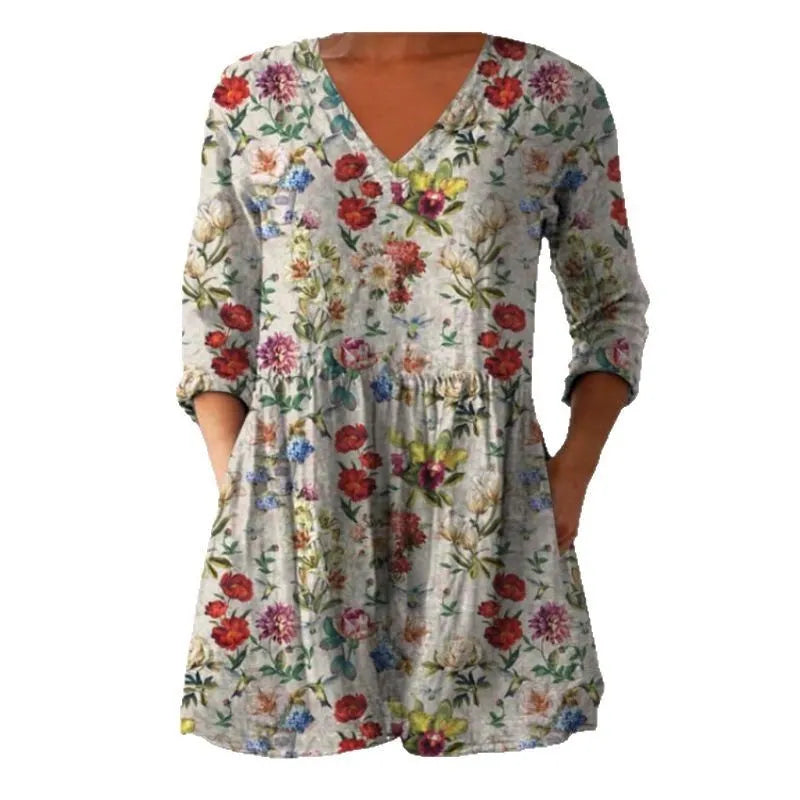 Women's printed wave loose dress with colourful floral pattern and wide waist design