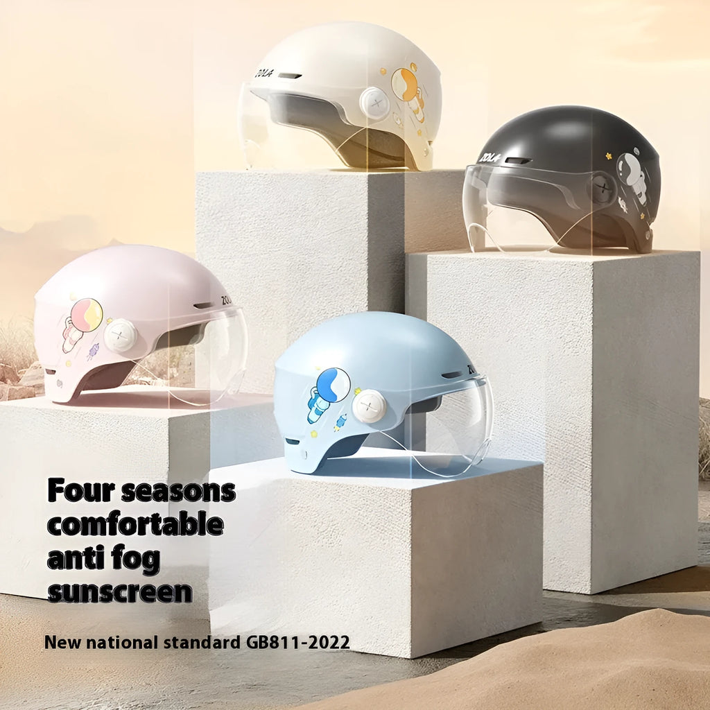 Khaki coloured electric motorcycle half helmet with interchangeable lens system shown from side view