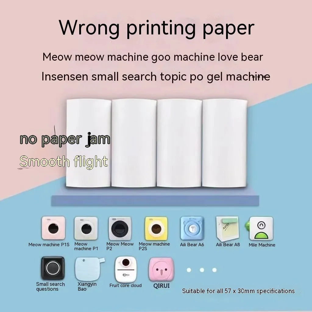 Three rolls of 57mm thermal printing paper in pink, yellow and blue packaging
