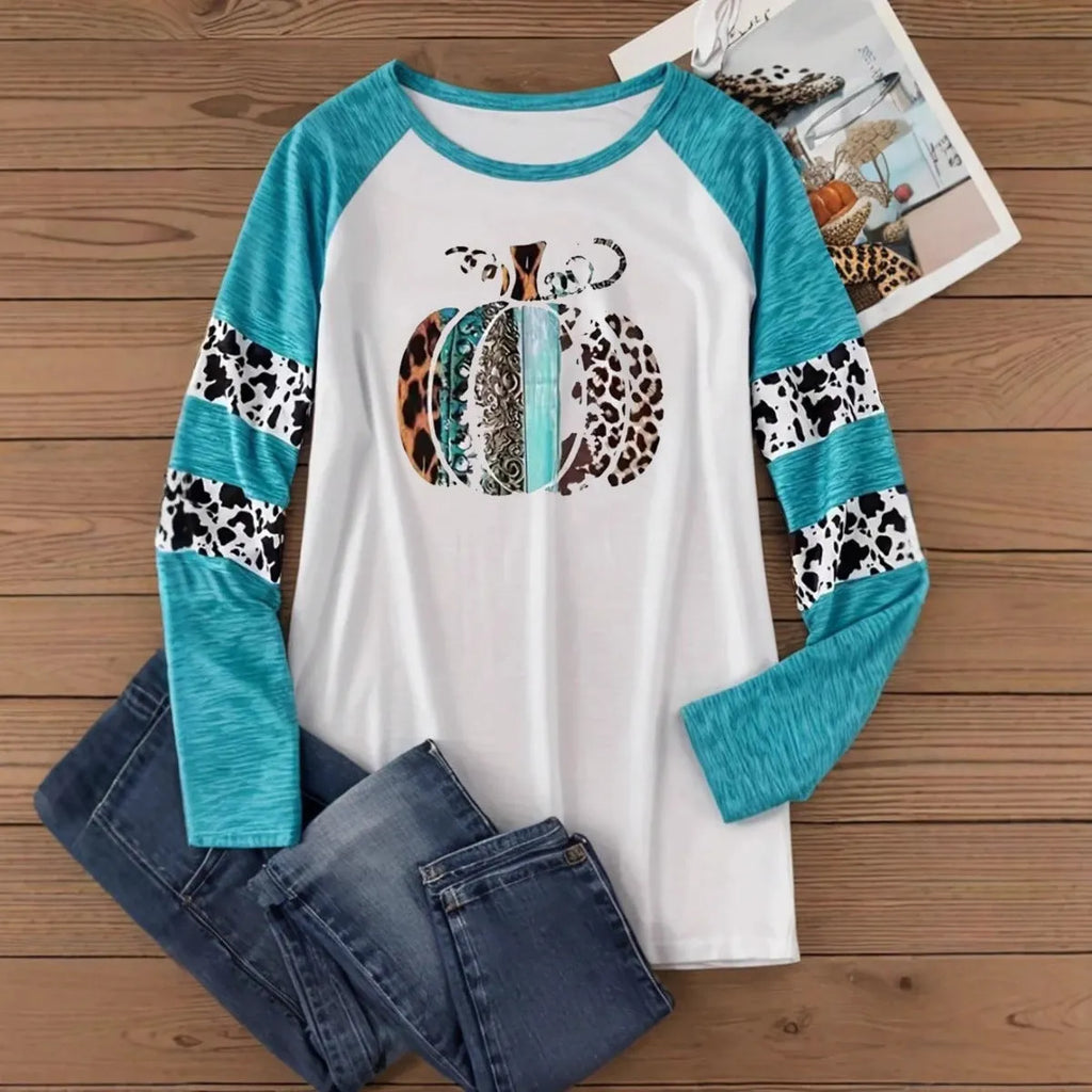 Sky blue Halloween T-shirt with 3D printed pumpkin design, long sleeves and regular fit