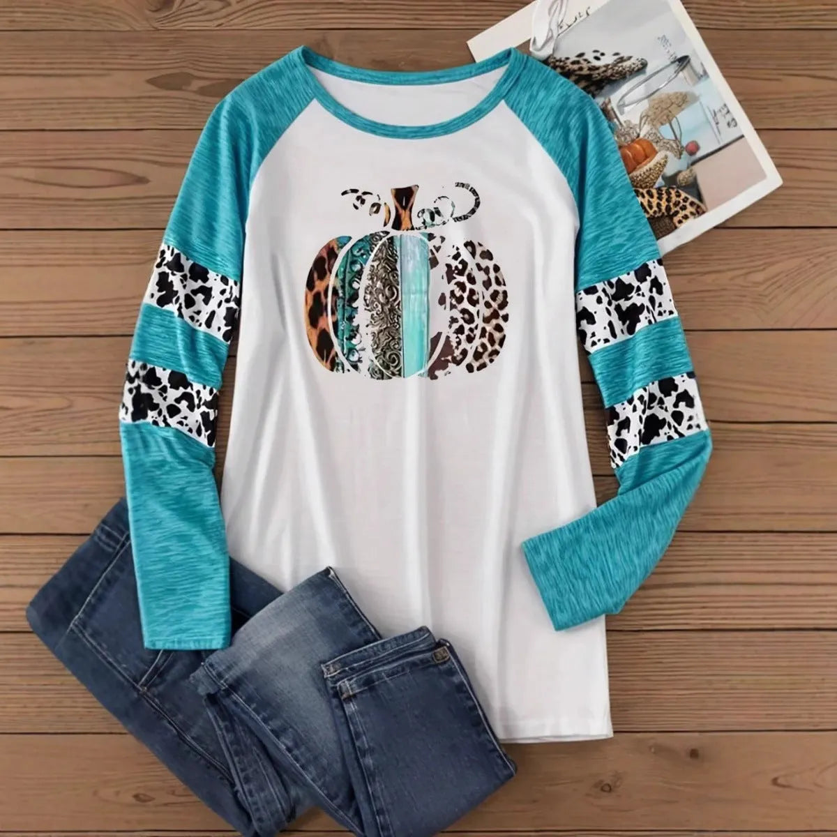 Sky blue Halloween T-shirt with 3D printed pumpkin design, long sleeves and regular fit
