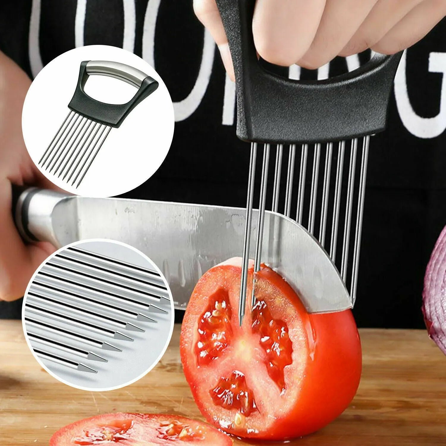 Stainless steel kitchen onion holder slicer with ABS handle measuring 14cm by 9.5cm