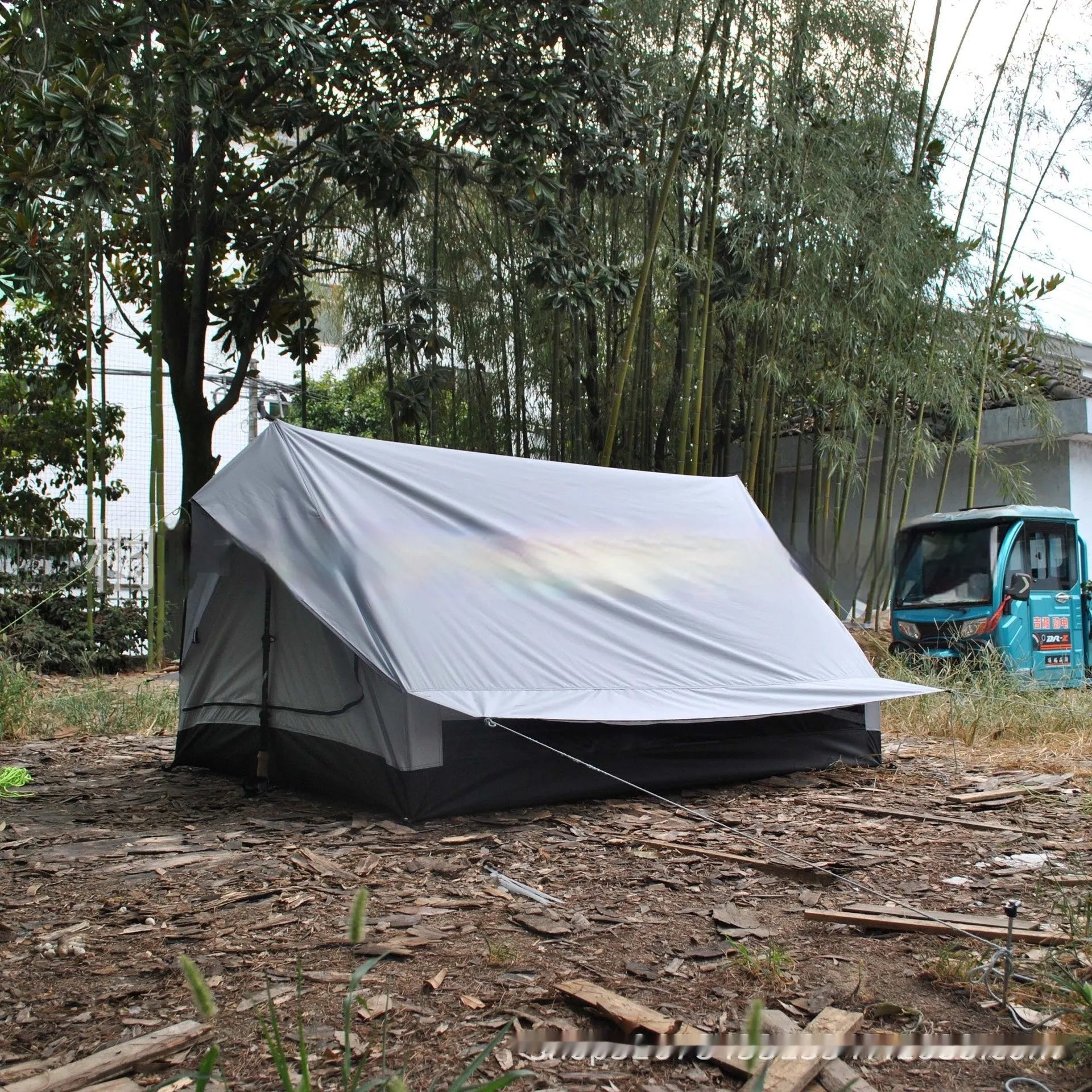 Brown and white pole-free A-line tent made of 210T fabric with PU4000 waterproofing for 2-3 people