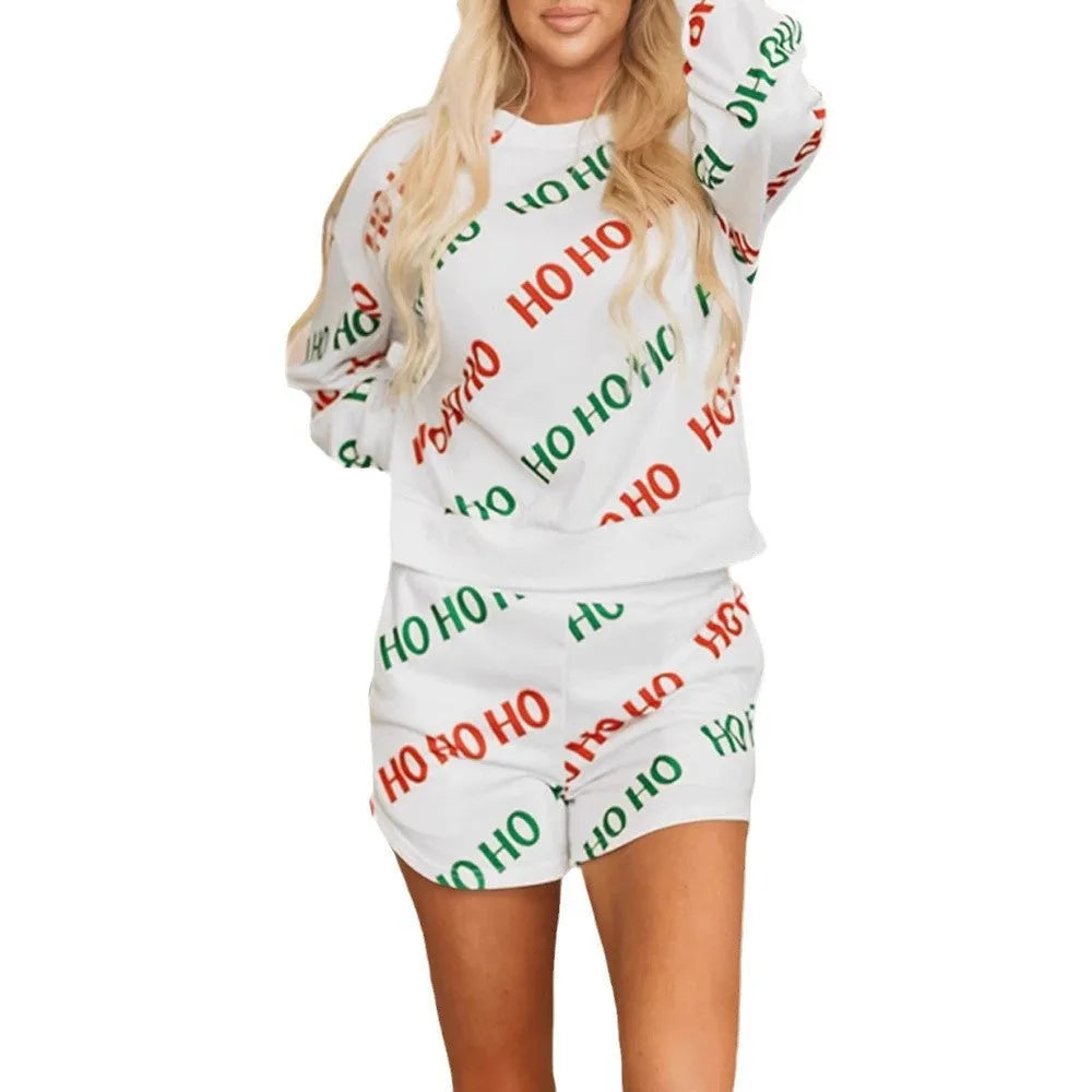 White women's two-piece suit with letters printed design, long sleeves, and contrast colour detailing