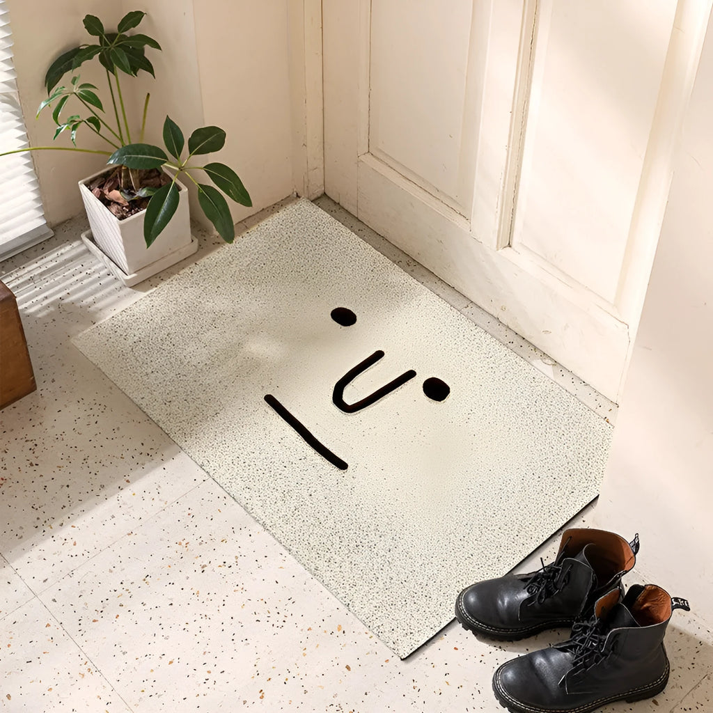Square PVC floor mat with cartoon facial expression and geometric pattern in Mr. Big Nose colour.