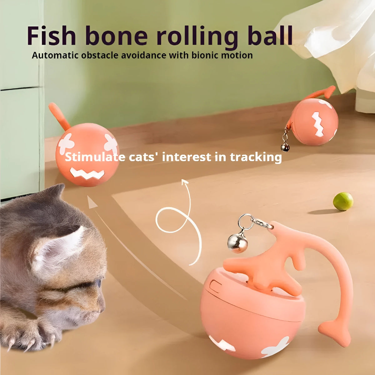 Blue USB electric cat toy with a fish bone rolling ball and teasing stick on a white surface.