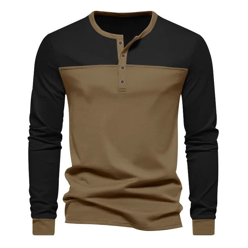 Men's long sleeve T-shirt with Henry collar in beaded twill fabric