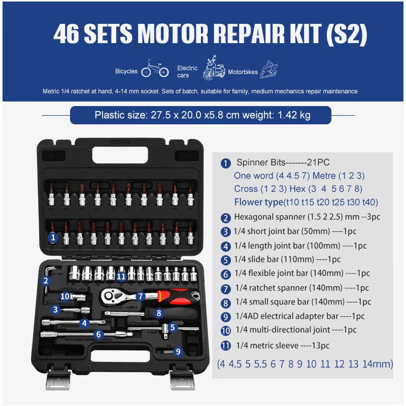 46-piece chromium vanadium steel socket ratchet wrench set with nickel-plated sockets for repair.