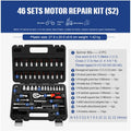 46-piece chromium vanadium steel socket ratchet wrench set with nickel-plated sockets for repair.