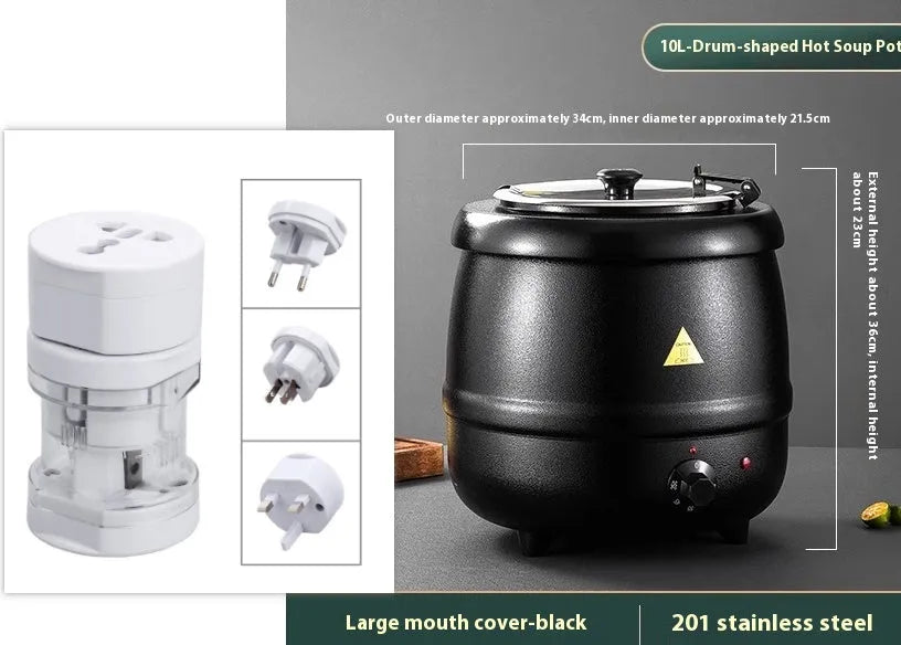 Black stainless steel 10-litre electric heating soup pot with large mouth cover