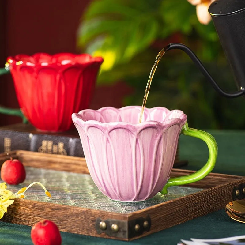 500ml ceramic breakfast cup with pastoral floral pattern in red or purple colours