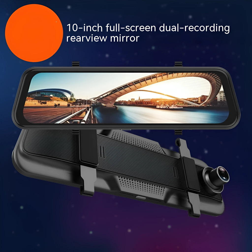 Black rearview mirror dash cam with 10-inch touchscreen display showing road footage.