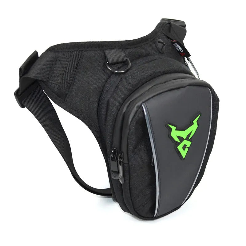 Motorcycle leg bag in red blue green grey colours with adjustable depth and crossbody shoulder waist carry options