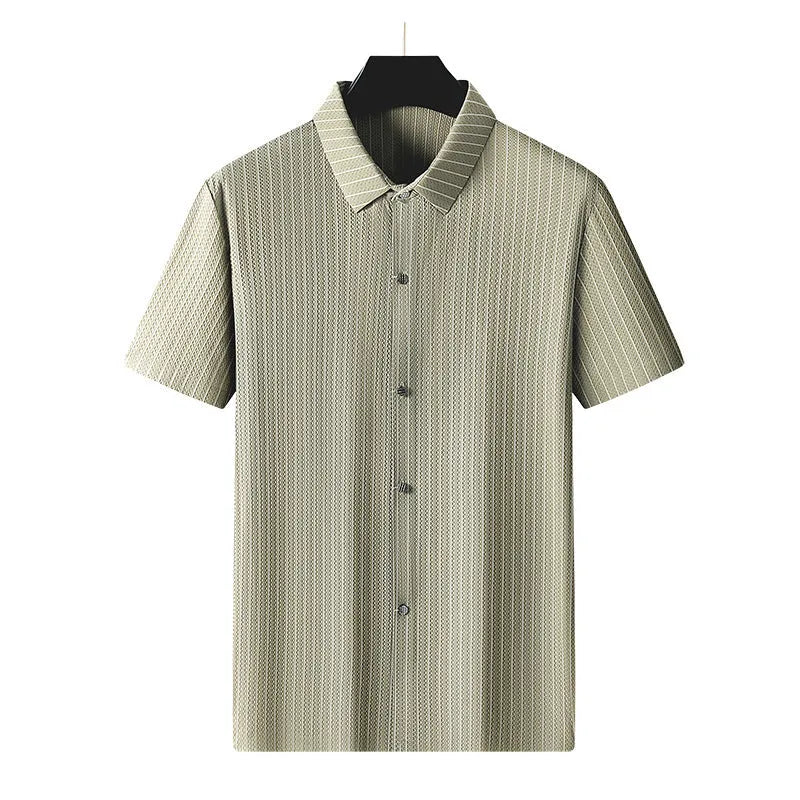 Men's plus size square collar striped ice silk casual shirt in loose fit