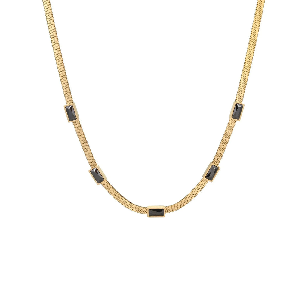 RETRO geometric square zircon pendant necklace on a stainless steel flat snake chain in gold or steel colour.