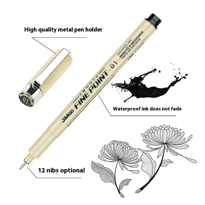 Waterproof needle pen drawing set with syringe-style design and black ink cartridge