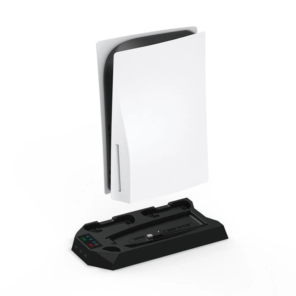 White PS5 charging and radiator dock base with controller storage, shown next to a console