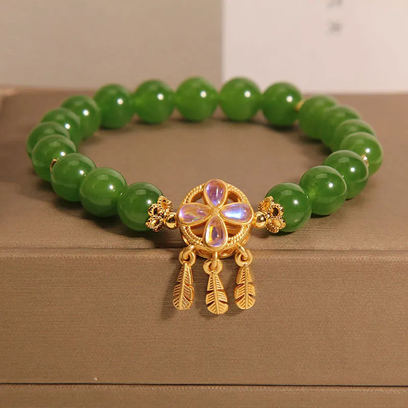 Green jasper crystal bracelet with four-leaf clover dream catcher pendant for women